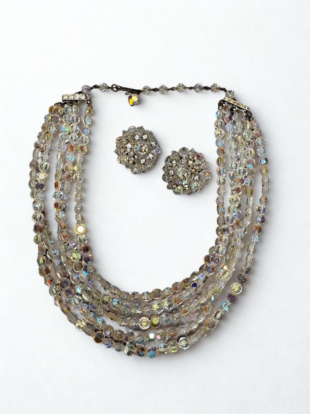 Vintage Laguna Aurora Borealis Crystal Multi Strand Necklace Clip Earrings Set